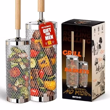 Rolling Grill Basket 2-Pack,304 Stainless Steel Grill Basket with Removable Wooden Handle,BBQ Tool & Smoker Accessory for Grill Rotisseries Veg & Shrimp,Ideal for Outdoor Cooking,Camping & Gifts for Dad/Husband/Men