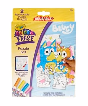 Crayola Color & Erase Bluey Puzzle Set, 12 Color in Puzzle Pieces, Reusable, Double Sided Kids Puzzle, Bluey Gift for Kids, 3+