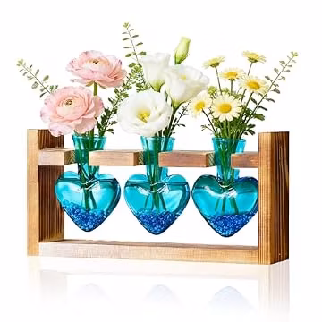 Nacome Plant Terrarium with Wooden Stand, 3 Heart Bulb Glass Vases