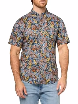 Eddie Bauer Men's Classic Fit Casual Short Sleeve Printed Baja Shirt, Agedblue, Small