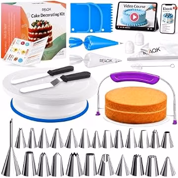RFAQK 90PCs Cake Decorating Kit for Beginners, Baking Supplies Includes Cake Turntable, Cake Leveler, 24 Icing Piping Tips, 56 Piping Bags, 2 Couplers, Spatulas, Scrapers, Video Course and Booklet