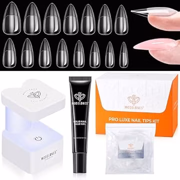 modelones Gel Nail Kit Almond 240pcs 15sizes Apex False Tips Glue & Lamp