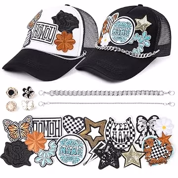 Meneng Western 2PCS Trucker Hats: Black Adjustable Snapback Caps with16pcs Embroidered Patches and 2pcs Chains - Trendy Cowboy Cowgirl DIY Hat Bundle for Daily Wear Rodeo Country Show
