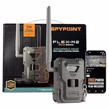 SPYPOINT Flex-M2 Solar Bundle - Cellular Trail Camera - Latest Generation, Best Hunting Accessories, No WiFi Needed, GPS, Night Vision, Dual-SIM LTE, Game Camera, 32MP Photos, 1080p Videos + Sound