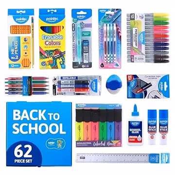 Pointer School Supplies Bundle Kit – A Back to Learning Set Student Value Pack Essentials for Classroom, Writing, Drawing, Crafting, Study Materials Kids, Teens, Home Use Academic Essentials – 62 Pcs