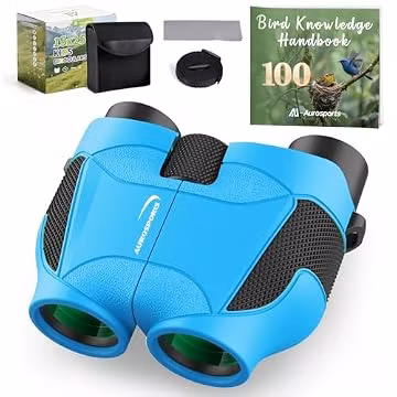 Aurosports 15x25 Compact Binoculars for Kids with Bird Guide Book, Blue