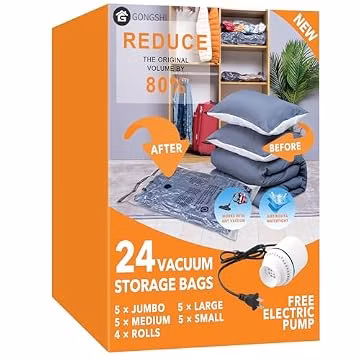 GONGSHI Vacuum Seal Bags for Clothing Travel & Home Storage, Travel Vacuum Bags with Pump,Space Saver for Blankets, Comforters, Pillows, Clothes,24 Combo with Electric Pump