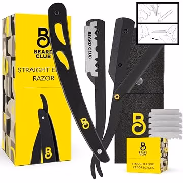 The Beard Club Straight Razor for Men - Navajas Para Barbero - Barber Straight Edge Razor Kit - Premium Single Derby Blade Cutthroat With 5 Replaceable Stainless Steel Blades & Leather Case