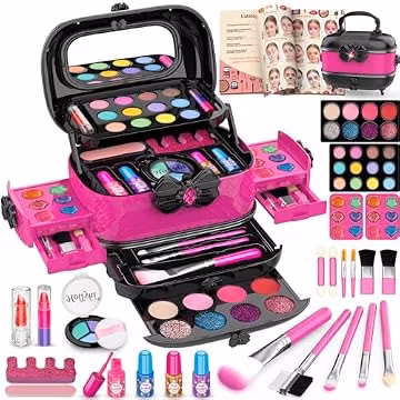 Hollyhi 58 Pcs Kids Makeup Toys Kit for Girls, Real Washable Make Up Set