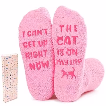 AmoraKiva Christmas Gift for Women Mom, Cat Mom Fuzzy Pink Sosks Gift