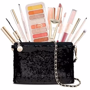 Color Nymph Makeup Kit For Girls, Women Make Up All In One Makeup Set For Starter With Sequin Bag, 9 Colors Eyeshadow Palette, Lip Gloss, Eyeliner, Mascara - Orange Pink, Party Wedding Evening Bag