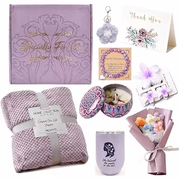 HJOCMLE Birthday Gifts Set for Women Luxury Purple Spa & Self Care Gift Boxed Set with Cozy Blanket, Tumbler, Scented Candle, Bracelet & Flower Bouquet for Mom, Sister, Friend,Mother,Grandma, Wife