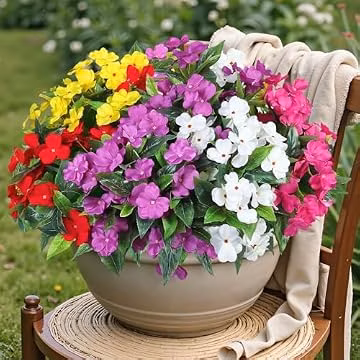 Ouddy Decor 6 Bundles Artificial Impatiens Flowers for Outdoors, Multicolor