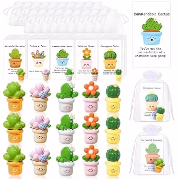 Musepoint 50 Set Employee Appreciation Gifts Bulk for Coworkers,Resin Animal, Motivation Animal Pun Note Cards, Organza Bags, Inspirational Pocket Favors for Coworker (Plant)