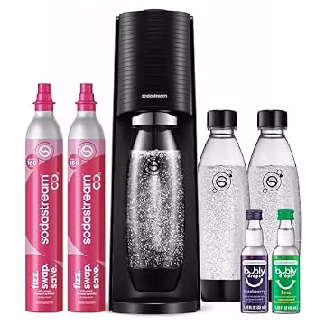 SodaStream TERRA Sparkling Water Maker, Value Bundle, CQC CO2 System, Includes 2 Quick Connect 60L CO2 Cylinders, 3 Dishwasher Safe BPA Free Bottles, 2 bubly Flavor Drops, Make your own Pepsi, Black