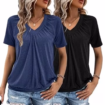 2 Pack Summer Tops for Women V Neck Short Sleeve Casual Ruched Tops Women T Shirts Clothes Trendy 2026