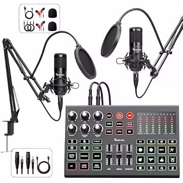 Podcast Equipment Bundle for 2, Audio Interface Mixer with Condenser Microphones, Noise Cancellation, Voice Change, 48V Phantom for Podcasting, Streaming, Recording, Gaming, TikTok, PC, Phone (V1)