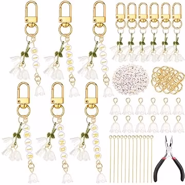 Whimsibelle 256 Pcs Lily of The Valley Charms Keychain Make Kit DIY Lily of The Valley Jewelry Bag Charm Making Accessories Name Keychain for Women Cute Car Key Chain Adjustable Letter Beads Jewelry