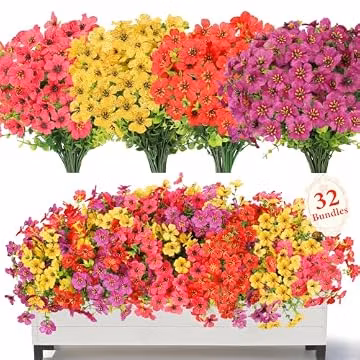 SAEUYVB 32 Bundles Artificial Flowers for Outdoors,All Weather Fake Flowers