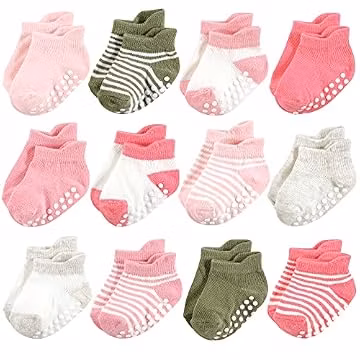 Hudson Baby Unisex Baby Non-Skid No-Show Socks, Pink Green, 0-6 Months