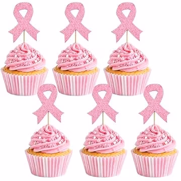 Xicer Breast Cancer Cupcake Toppers, 24 Pcs Pink Ribbon Cupcake Decorations for Breast Cancer Awareness Month, Paper Breast Cancer Awareness Cupcake Toppers for Fundraisers