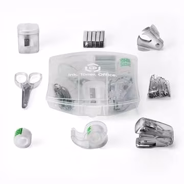 LD Products Clear Mini Office Supply Kit Portable Case with Scissors, Paper Clips, Tape Dispenser, Pencil Sharpener, Stapler & Staple Remover