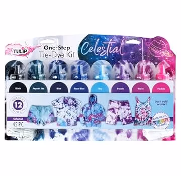 Tulip One-Step Tie-Dye Kit Celestial, Large Party Activity, Permanent Fabric Dye, Vibrant Galaxy Color Palette: Purple, Pink, Blue, Black, Easy Clean-up, 8 Fun Techniques Included, 8 Full Size Bottles