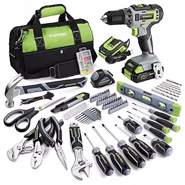 WORKPRO Home Tool Set with 20V Cordless Drill, Household Repairing Tool Kit