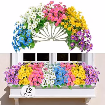 12 Bundles 5 Colors Daisy Flowers, Uv-Resistant Artificial Outdoor Flowers