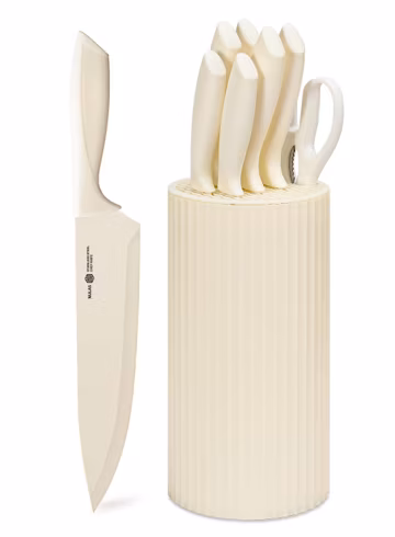 NULAS Knife Set, 8-Piece Kitchen Knife Set with Universal Block - Anti-Rust Chef Knives, Ergonomic Design, Dishwasher Safe (Cream)