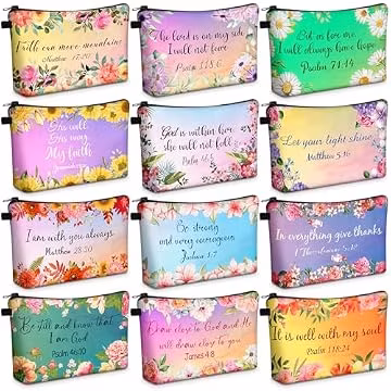 Chunful 12 Pcs Inspirational Christian Gifts Religious Makeup Bags Bulk for Women Bible Verse Flower Cosmetic Bag Gift for Church Ladies, 7.48 x 4.72 Inch(Stylish)
