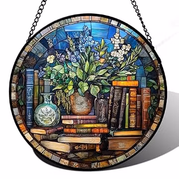 QZQCBLC Stained Glass Window Hanging Teal Flower Vintage Books 7.8" - Blue Suncatcher Door Garden Sun Catcher Home Decor Birthday Christmas for Mom Men Woman Nana Friend