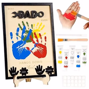 Sortnic Fathers Day Gift from Kids, Best Dad Ever Hands Down Family Handprint Kit with 5 Non-Toxic Paint, DIY Handprint Craft, Family Keepsake Wooden Frame with Kids Names for Dad Daddy, Grandpa