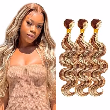 P30/613 Hilight Brown Bundles Human Hair Body Wave Bundles 12 14 16 Inch Blonde Body Wave Bundles Unprocessed Brazilian Virgin Hair Deals Quick Weave Hair Extensions 3 Bundle 100 Gram Per Bundle
