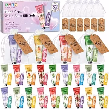 AZEN 32 Sets Bulk Gifts, Hand Cream and Lip Balm Bulk Set with Organza Bag Thank You Card, Baby Shower Wedding Gifts for Guests, Bridal Wedding Favors, Valentines Gift for Women
