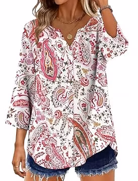 OFEEFAN Plus Size Fashion Deals Spring Tops for Women 2026 Button Down Shirts 3/4 Sleeve Tops V Neck T Shirts Cowgirl Outfits Pink Boho Top 2XL