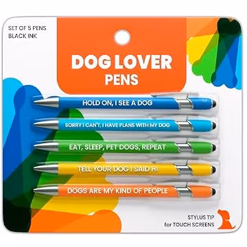 Funny Dog Lover Gift Pen Set, 5 Black Ink Ballpoint Pens, Stylus Tip