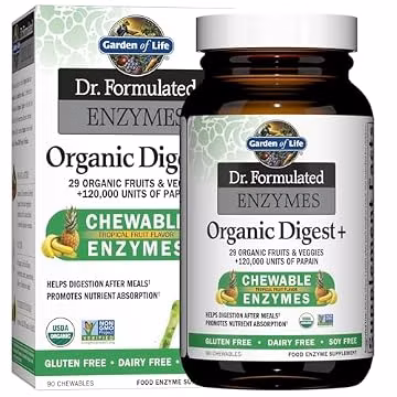 Garden of Life Dr Formulated Digestive Enzymes with Papain, Bromelain, Lipase for Digestion & Nutrient Absorption – Organic Digest+ - Vegan, Gluten-Free, Non-GMO, Tropical Fruit Flavor, 90 Chewables