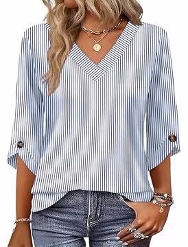 OFEEFAN Business Casual Tops for Women V Neck T Shirts 3/4 Length Sleeve Womens Tops Summer Outfits Spring Tops Womens Clothing Work Shirt Blue Striped M