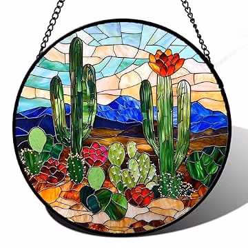 DASTOLL Stained Glass Window Hanging, Green Cactus Suncatcher for Doors Window Home Plant Landscape Sun Catchers Decoration Mother's Day Birthday Gifts for Women, Men, and Mom 7.8 in