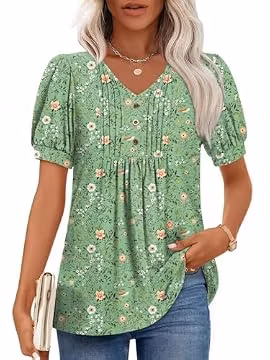 Findsweet Women's Summer Tunic Tops Casual Dressy Blouses Short Sleeve Shirts L, Onion Green Sparrow