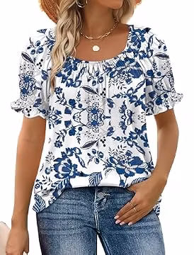 Graphic Tees for Women Boho Tops for Women Trendy Womens Tops Short Sleeve T Shirts Spring Fashion Clothing Blouses Dressy Casual Travel Vacation Summer Outfits Clothes Blue Floral L