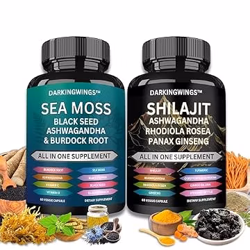 Darkingwings Shilajit and Sea Moss Combo | Shilajit & Sea Moss for Men & Women | Shilajit Capsules with Ashwagandha Bundle All in One Supplement for Extra Strength (120 Capsules)