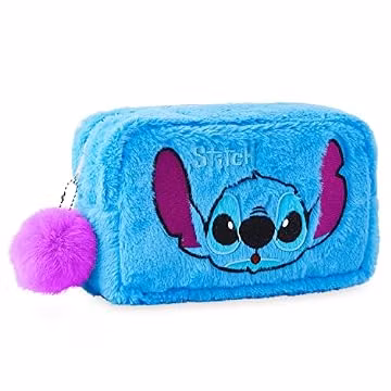 Disney Fluffy Stitch Valentines Gifts for Women Makeup Bag for Girls, Teens, Cute Travel Toiletry Bag for Beauty Accessories, Zipped Make Up Cosmetics Storage (Blue Plush)
