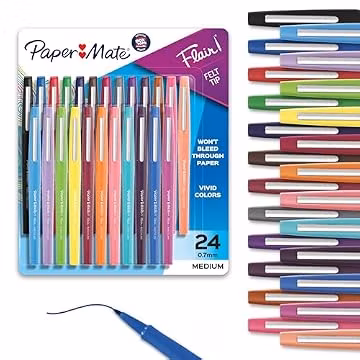 Paper Mate Flair Felt Tip Pens, Medium Point, Assorted Colors, 24 Count - Home, Office, Back to School, Teacher Supplies