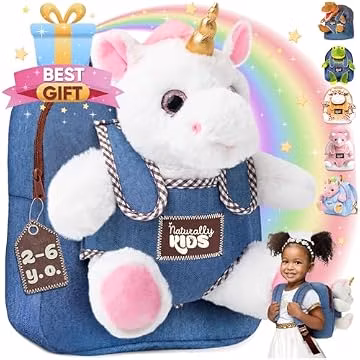 Naturally KIDS Toddler Backpack w. Plush Unicorn Toy, Kids Gift 2 3 4 5 6