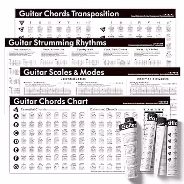 Guitar Theory Chart Bundle – Set of 4 Posters: Chords, Scales & Modes, Strumming Rhythms & Transposition – 18x36 Inch Canvas Guitar Learning Reference for Beginners