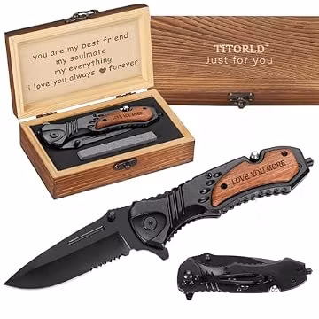 Titorld Gifts for Men Dad Him Fathers Day, Anniversary Birthday Gifts ideas for Boyfriend Husband, Engraved Pocket Knife, Wooden Handle Folding Knife with Wood Box 7.8 Inch
