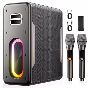 Karaoke Machine for Adults, Portable Bluetooth Karaoke Speaker with 2 Wireless Microphones, 2 Voice Mode & LED Party Lights, Birthday Gifts for Kids Family,Supports BT/TWS/AUX/USB/TF (Black)