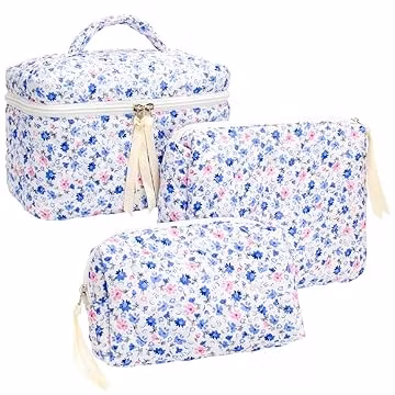 3 Piece Quilted Makeup Bag Set for Women,Cosmetic&Toiletry Bag,Floral Blue